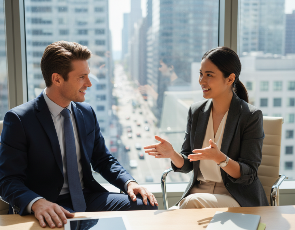 A close-up scene of two professionals in a modern office setting, engaging in a dynamic conversation that conveys trust through body language. In the foreground, one person leans slightly forward, arms relaxed at their sides, with an open posture and confident facial expression. The other individual nods with a warm smile, hands gesturing lightly to emphasize key points, wearing smart business attire. In the middle background, a large window reveals a bustling cityscape, adding depth and context. Soft, natural light filters in, creating a warm and inviting atmosphere. The camera angle is slightly above eye level, focusing on the connection between the two individuals, emphasizing the importance of non-verbal cues in effective communication. The overall mood is collaborative, highlighting the significance of trust in professional relationships.