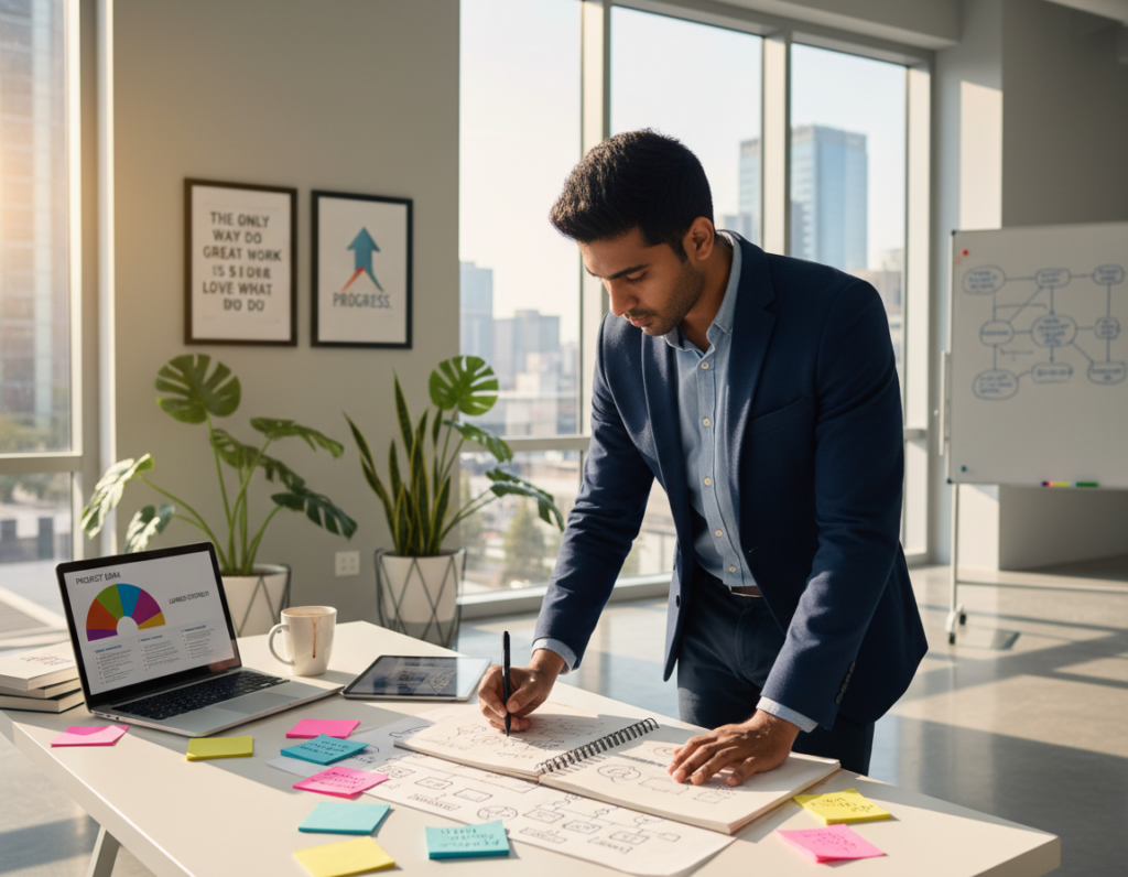 A determined young entrepreneur stands at a modern workstation, surrounded by a mix of digital devices and drawing boards, immersed in brainstorming ideas. In the foreground, the entrepreneur, a diverse individual in professional business attire, is passionately sketching concepts on a notepad. The cheerful morning light streams through large windows in the background, creating a bright and optimistic atmosphere. On the desk, colorful sticky notes and an open laptop showcase a vibrant business plan in progress. The middle layer includes motivational quotes framed on the wall and plants adding a touch of greenery, emphasizing growth and creativity. The overall mood is inspiring and dynamic, capturing the essence of developing a strong entrepreneurial mindset through active engagement and collaboration.