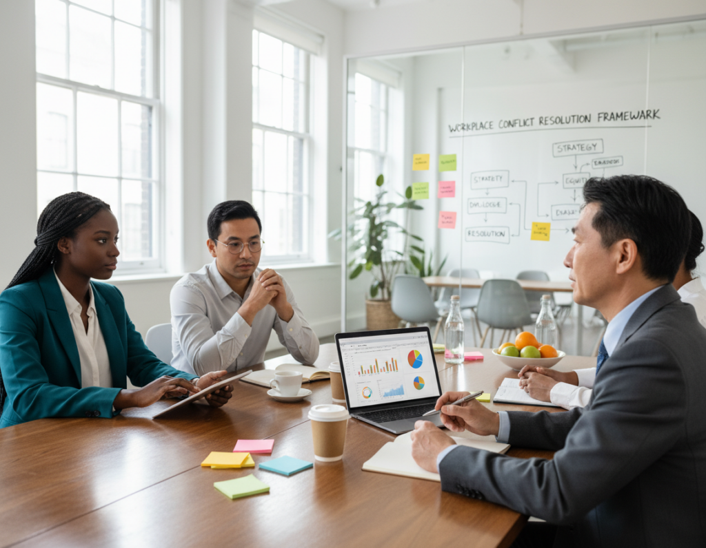 A diverse group of professional managers engaged in a constructive discussion around a conference table, representing leadership fairness. The foreground features three individuals: a middle-aged Asian male in a tailored suit, a young Black female in a smart blazer, and a South Asian male with glasses and a neatly pressed shirt, actively listening and taking notes. In the middle ground, an open laptop displays graphs and reports, while sticky notes and a whiteboard filled with strategies are visible. The background contains large windows letting in soft, natural light, illuminating the modern office space. The atmosphere is collaborative and focused, reflecting a productive meeting aimed at resolving workplace conflicts with fairness and effectiveness. The mood is professional yet approachable, emphasizing teamwork and open communication.