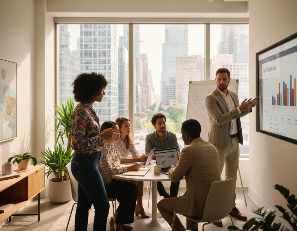 A diverse group of professionals in a bright, modern office space, engaged in a collaborative meeting. In the foreground, a woman and a man are animatedly discussing a project, gesturing towards a digital presentation on a large screen, both dressed in smart casual attire. In the middle, several team members are gathered around a table, brainstorming with laptops and notepads, radiating focus and enthusiasm. The background features large windows allowing natural light to flood the room, with views of a vibrant cityscape. The atmosphere is dynamic and inspiring, highlighting trust and open communication. The lighting is warm and inviting, enhancing the sense of belonging and teamwork, capturing the essence of high-performing workplaces.