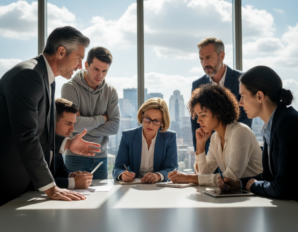 A diverse group of six professionals gathered around a modern conference table, engaged in a heated discussion. The foreground features a middle-aged man in a tailored suit passionately presenting an idea, while a young woman in a smart blouse leans forward, attentively listening. In the middle ground, a middle-aged woman with glasses takes notes, and a young man, dressed casually, is visibly skeptical. The background displays a sleek office environment with glass walls and a city skyline visible through them, offering natural light that enhances the scene. The atmosphere is tense yet focused, capturing the complexities of group decision-making like groupthink and authority bias, with dramatic shadowing to emphasize the intensity of the discussion.