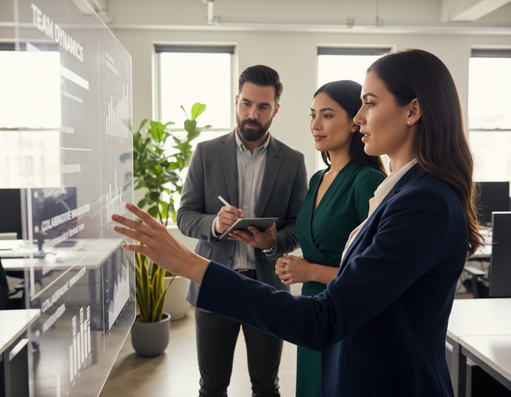 A diverse group of three professionals in a modern office setting, facing each other with engaged expressions that convey collaboration and leadership. In the foreground, a confident woman in a tailored blazer gestures towards a digital presentation on a large screen, highlighting key points about team dynamics and performance. In the middle ground, a man in smart casual attire takes notes, showing his attentiveness, while a woman in a business dress nods, demonstrating understanding. The background features a bright, open-plan office with plants and natural light streaming through large windows, creating an uplifting atmosphere. The image should evoke feelings of trust, respect, and teamwork, emphasizing the core skills of modern workplace leadership. Use soft, warm lighting to enhance the professional yet inviting mood.