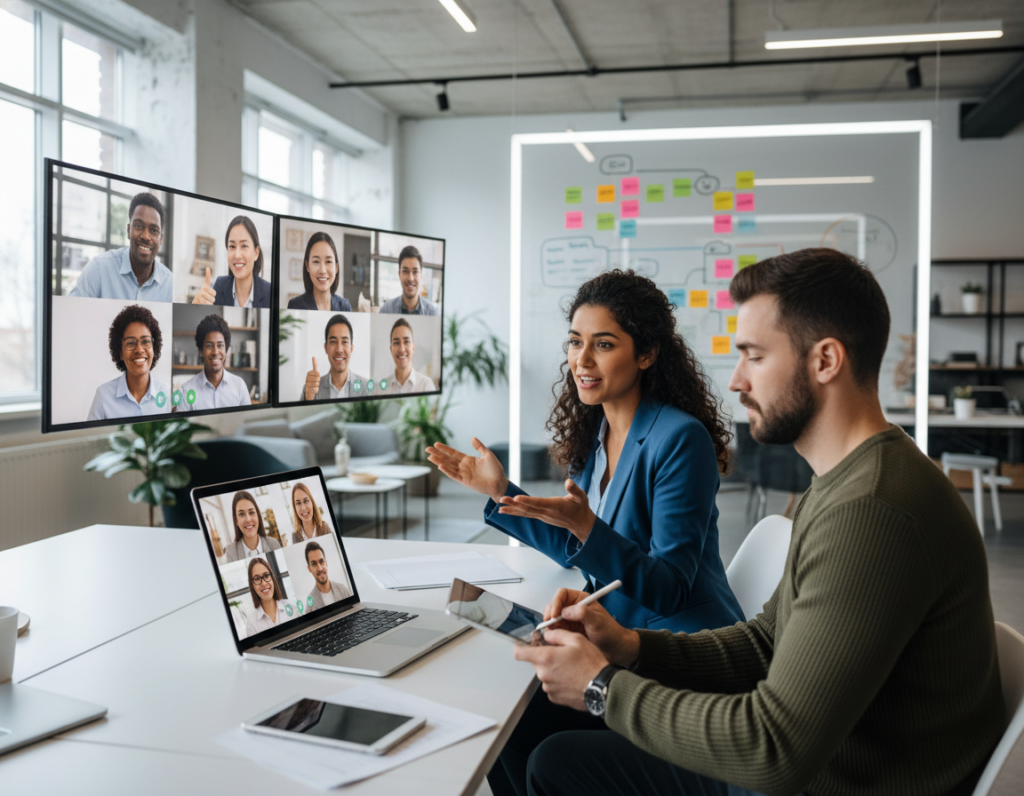 A diverse team of professionals engaged in a vibrant virtual meeting, showcasing effective communication practices. In the foreground, a woman in business attire is animatedly discussing ideas with a laptop open, while a man in smart casual clothing takes notes on a digital tablet. In the middle ground, colleagues appear on multiple screens, expressing ideas through gestures and smiles. The background features an open, modern office with soft lighting that enhances a collaborative atmosphere. A large whiteboard adorned with colorful diagrams and sticky notes hints at shared projects. The scene conveys a sense of teamwork, innovation, and alignment, emphasizing the power of communication without the need for constant meetings. Use a wide-angle lens to capture depth and focus on the dynamic interactions.