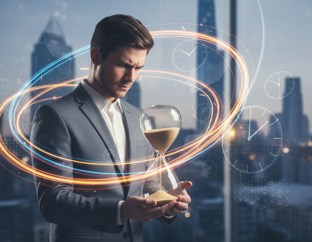 A dynamic and conceptual image representing "time, focus, and energy" integrated into a productivity theme. In the foreground, a professional individual dressed in business attire is intensely focused on a transparent hourglass, symbolizing the passage of time and concentration. The middle ground features swirling energies represented by vibrant light trails in various colors, illustrating the flow of focus and mental energy. In the background, a blurred cityscape emphasizes the fast-paced culture surrounding the individual, with abstract representations of busy schedules and clocks. Soft, natural lighting bathes the scene, creating a calm yet energized atmosphere. The angle should be slightly from above, enhancing the sense of depth and immersion in the productivity struggle.