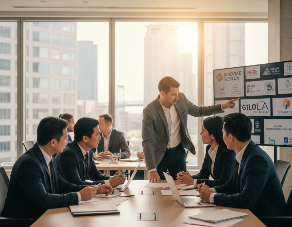 A dynamic and engaging scene depicting a diverse group of professionals engaged in meaningful discussions in a modern conference room. In the foreground, a group of four individuals, dressed in professional business attire, are animatedly sharing ideas around a large table, with laptops and notepads in front of them. In the middle, additional participants are seen collaborating in small clusters, some pointing at a large presentation board displaying various logos of local organizations and groups. The background features large windows with city skyline views, allowing natural light to flood the space, creating a bright and inviting atmosphere. Soft focus on the background adds depth, while a warm color palette conveys a sense of collaboration and opportunity. The overall mood emphasizes networking, growth, and connection among entrepreneurs.
