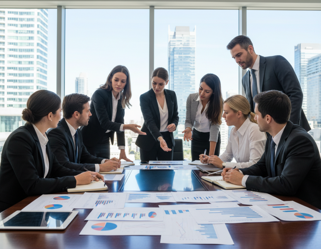 A dynamic business meeting scene in a modern office, with a diverse group of professional individuals discussing a detailed market expansion plan. In the foreground, a polished conference table displays colorful graphs, charts, and strategic documents. The middle layer features engaged professionals in business attire—women in tailored suits and men in crisp dress shirts—leaning in, pointing at data on a laptop, and taking notes. In the background, large windows offer a cityscape view, with a bright day allowing natural light to flood the room, creating an optimistic atmosphere. The mood is collaborative and focused, emphasizing teamwork and strategic thinking essential for executing a robust business growth plan. Capture the moment with a slightly angled perspective to convey depth and engagement.