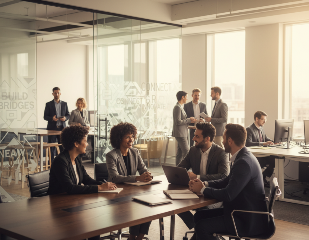 A dynamic networking scene set in a modern office environment. In the foreground, a diverse group of four professionals in business attire engage in a lively discussion around a sleek conference table with laptops and notepads. The middle ground features glass walls adorned with inspirational networking-related artwork, while natural light pours in through tall windows, creating an inviting atmosphere. In the background, other professionals are seen collaborating in small groups or working at individual desks, illustrating a bustling yet focused work environment. Use warm, soft lighting to enhance the sense of connection and optimism. The overall mood is energetic and collaborative, emphasizing the importance of building strong professional relationships.