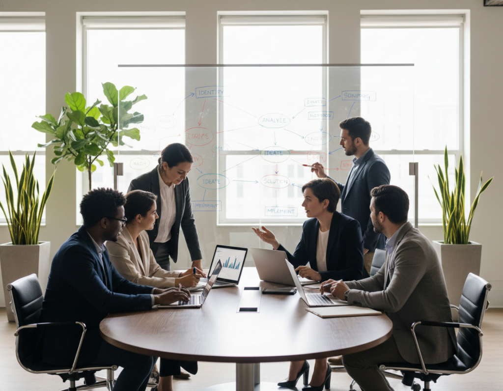 A dynamic visual representation of a "problem-solving workflow" in a modern office environment. In the foreground, a diverse group of professionals, dressed in business attire, engage in a collaborative brainstorming session around a sleek conference table, with laptops and digital tablets displaying data. The middle section features a large glass whiteboard filled with colorful diagrams and flowcharts that illustrate various stages of the decision-making process. In the background, soft natural light floods through large windows, casting a warm glow on potted plants, promoting an atmosphere of creativity and focus. The composition emphasizes teamwork and strategic thinking, capturing a productive and insightful mood. Use a wide-angle lens to enhance the sense of space and dynamism, with clear, bright lighting to highlight the nuances of the interaction.
