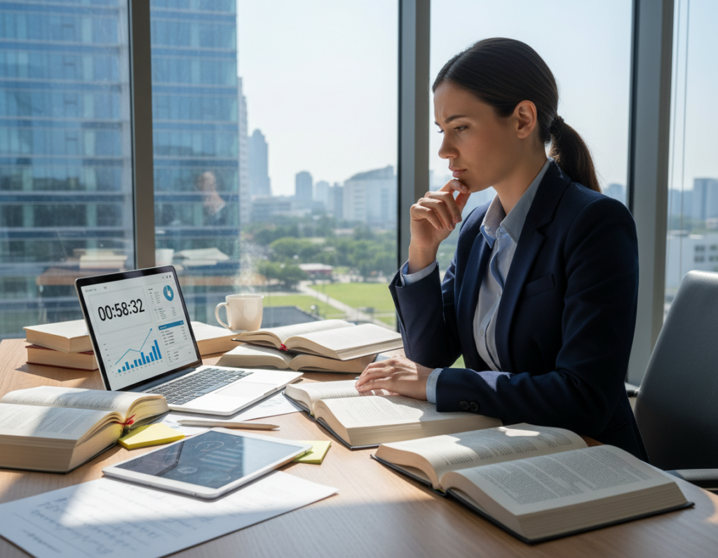 A focused individual in a modern office setting engages in a deep work sprint, surrounded by open books, digital devices showing analytical graphs, and notes scattered on the desk. The foreground features a person in professional business attire, deeply immersed in thought, with a slight furrow of concentration on their brow. In the middle, an organized workspace with a laptop displaying a timer and productivity apps enhances the sense of focus. The background reveals a large window with natural light streaming in, casting soft shadows, and a serene cityscape beyond. The atmosphere is calm yet intense, evoking a sense of dedication and clarity of thought, highlighting the importance of monitoring progress during focused work sessions.