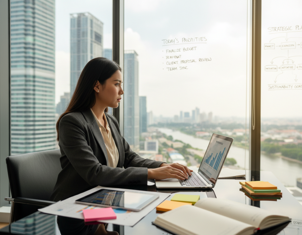 A focused individual sitting at a sleek desk in a modern office environment, surrounded by organized notes and a laptop displaying progress charts. In the foreground, the person, a professional in business attire, has a thoughtful expression, surrounded by warm, soft lighting that creates a calm atmosphere. In the middle ground, a large window allows natural light to flood the room, showing a blurred cityscape outside, conveying productivity. In the background, a whiteboard filled with prioritized tasks and strategic plans, emphasizing the theme of depth and focus in work. The overall mood reflects clarity, determination, and the importance of setting priorities to achieve meaningful results.
