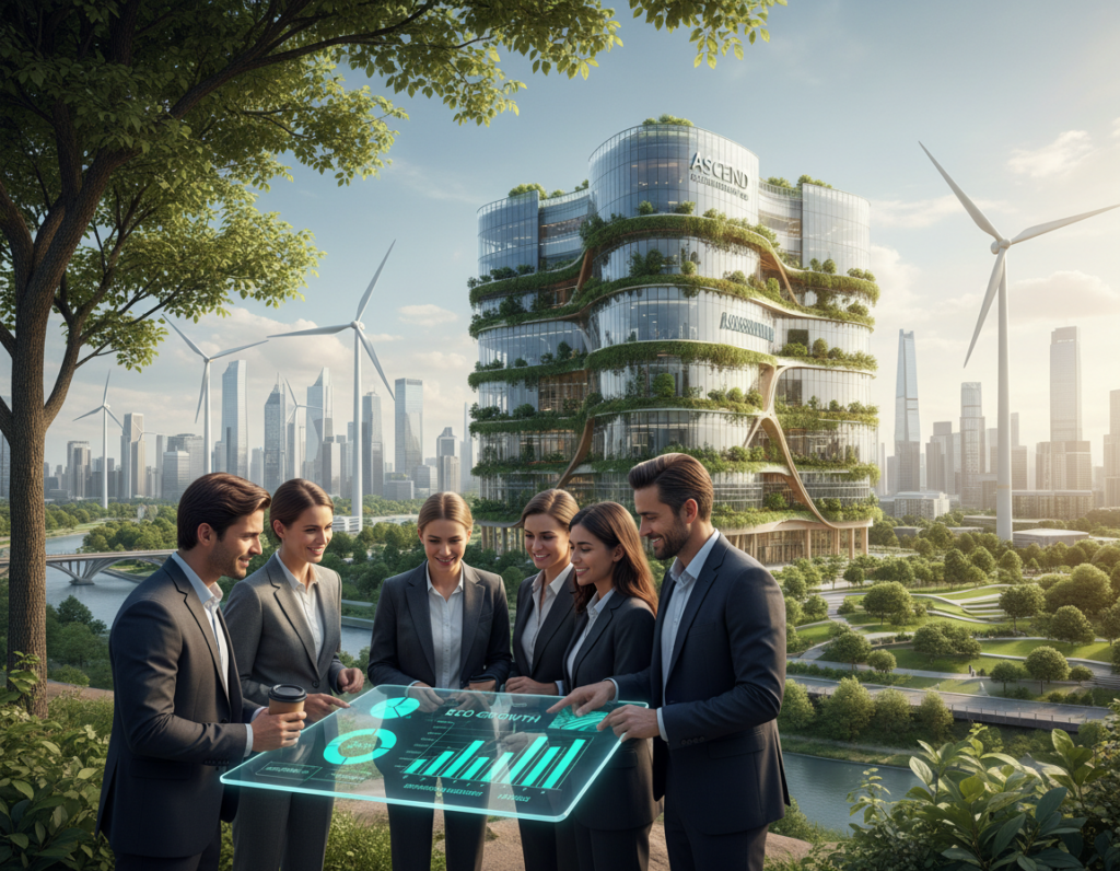 A harmonious business landscape illustrating sustainability and continuous expansion. In the foreground, a diverse group of professionals in smart business attire collaborate over a digital tablet displaying eco-friendly charts. In the middle ground, a modern office building made of glass and greenery, symbolizing a commitment to sustainable architecture, integrates seamlessly with solar panels and vertical gardens. In the background, a vibrant cityscape showcases wind turbines and lush parks, hinting at a thriving eco-conscious community. The lighting is bright and natural, with sunlight filtering through the trees, creating a warm and optimistic atmosphere. The angle suggests a slightly elevated perspective, capturing the synergy between business operations and sustainability principles, evoking a sense of innovation and progress.