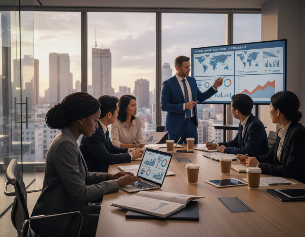 A modern corporate office space, showcasing a diverse group of professionals in business attire engaged in a market due diligence meeting. In the foreground, a focused African-American woman analyzes financial charts on a laptop, while a Caucasian man points to a large digital display showing market research data. In the middle layer, a polished conference table is adorned with documents, graphs, and analytical tools, symbolizing the research process. The background features a large window with a cityscape view, suggesting an urban market environment, while soft natural light filters in, creating a bright and transparent atmosphere. The overall mood is one of seriousness and professionalism, emphasizing collaboration and strategic planning in expansion efforts.