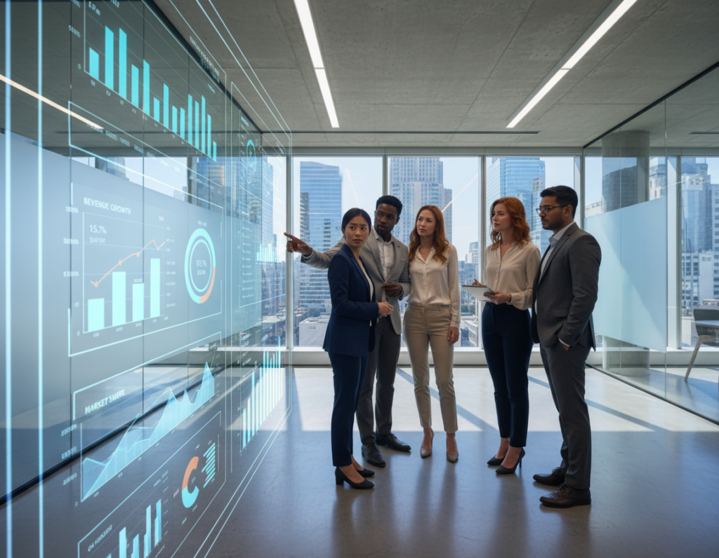 A modern office environment featuring a diverse team of four professionals in business attire, engaged in a collaborative discussion around a large digital screen displaying complex metrics and forecasting graphs. In the foreground, there is a close-up of charts and data points on the screen, emphasizing key performance indicators and growth trajectories. The middle ground showcases the team members, with one person pointing towards the screen while another takes notes. The background reveals a sleek, well-lit office with floor-to-ceiling windows showing a cityscape, symbolizing business expansion. The lighting is bright and focused, creating a dynamic and inspiring atmosphere that reflects innovation and strategic planning. Use a wide-angle perspective to capture the entire scene.