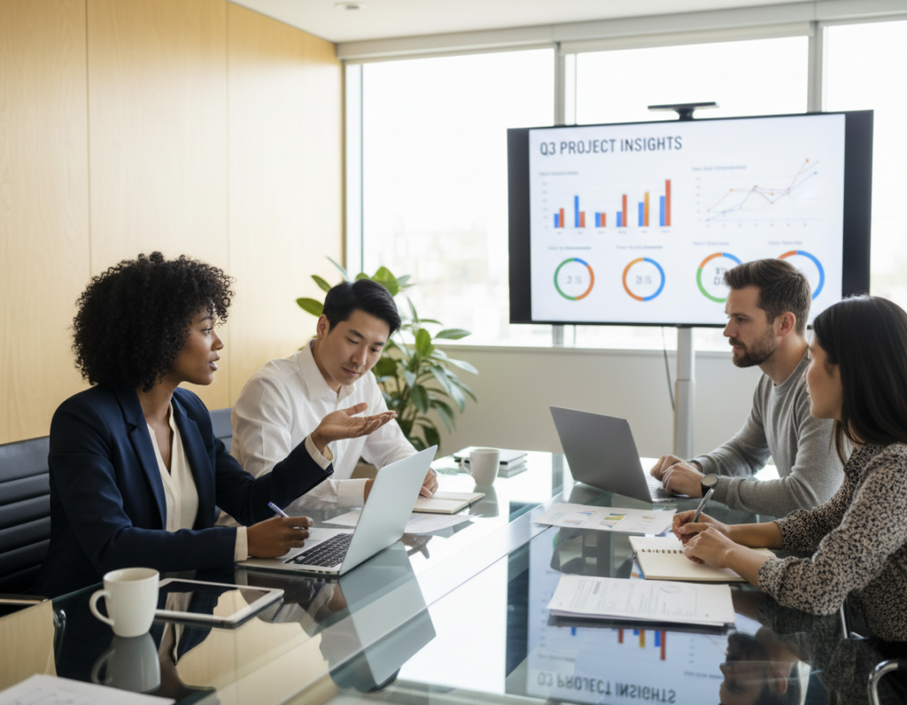A modern office meeting room with a diverse group of four professionals engaged in a dynamic discussion. In the foreground, a confident Black woman in a smart blazer is gesturing passionately, while a thoughtful Asian man in a white shirt takes notes. In the middle, a collaborative workspace features a large glass table with laptops and documents scattered around. A bright digital screen displays graphs and team performance metrics. In the background, large windows allow natural light to flood the room, creating a warm and inviting atmosphere. The overall mood is one of productivity and teamwork, captured with a slightly elevated angle to emphasize the interaction between team members. Use soft, natural lighting to enhance the professional yet approachable vibe of the scene.