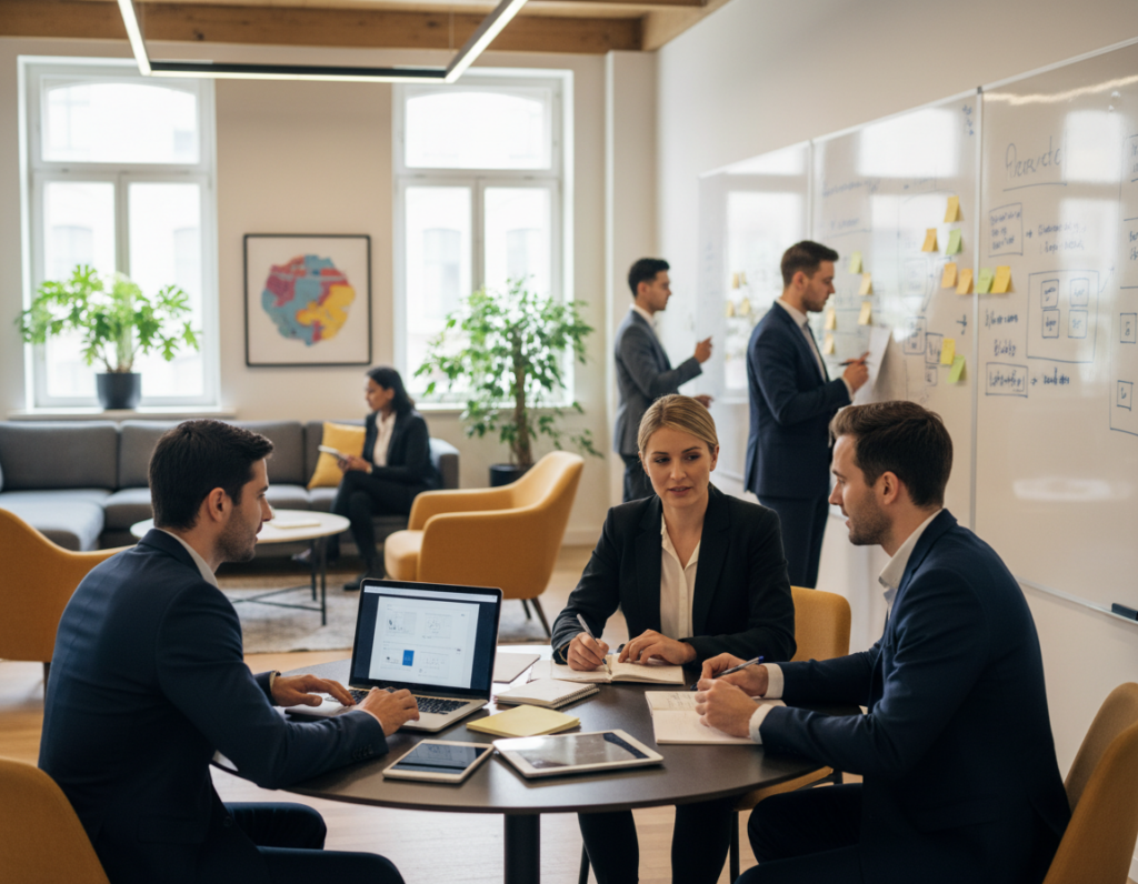 A modern office space bustling with collaboration and innovation. In the foreground, a diverse group of three professionals in smart business attire engage in a lively discussion around a sleek, round table, with laptops and creative materials scattered about. In the middle ground, additional team members brainstorm on wall-mounted whiteboards filled with colorful diagrams and notes, showcasing teamwork and idea sharing. The background features large windows flooding the space with natural light, plants adding a touch of greenery, and a lounge area with comfortable seating to foster relaxation and creativity. The atmosphere is energetic and inviting, emphasizing connectivity and the revitalization of the workspace. The composition captures an open and flexible environment, with a warm color palette and a softly blurred depth of field, highlighting the dynamic interactions taking place.