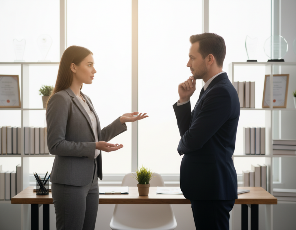 A professional business setting featuring a manager and an employee engaged in a respectful conversation about setting boundaries. The foreground shows the employee, a young professional in smart attire, confidently voicing their concerns. The manager, a middle-aged individual in a business suit, listens attentively, displaying an understanding demeanor. In the middle ground, a well-organized office with a desk, plants, and a window allowing natural light to cast a warm glow, creating an inviting atmosphere. The background includes shelves with books and awards, subtly emphasizing professionalism. The mood is assertive yet collaborative, reflecting the importance of communication in maintaining workplace productivity and respect. The image should be brightly lit with a soft focus, capturing the essence of a healthy workplace dynamic.