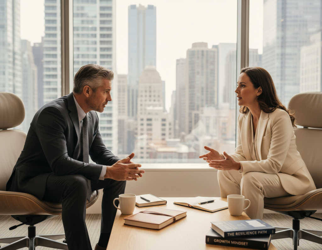 A professional coaching session in a modern office setting. In the foreground, a middle-aged man in a tailored suit is attentively listening to a woman, also in business attire, who is sitting across from him, offering guidance and support. Their expressions reflect deep concentration and empathy. In the middle ground, a large window reveals a cityscape bathed in soft, natural light, casting a warm glow throughout the room. On a coffee table in front of them, notebooks and a few motivational books are scattered, emphasizing the theme of personal and professional growth. The atmosphere is serene and focused, with an overall sense of determination and collaboration, symbolizing the journey toward resilience and strength under pressure. The image should be captured with a slight depth of field to keep the subjects in sharp focus against a subtly blurred background.