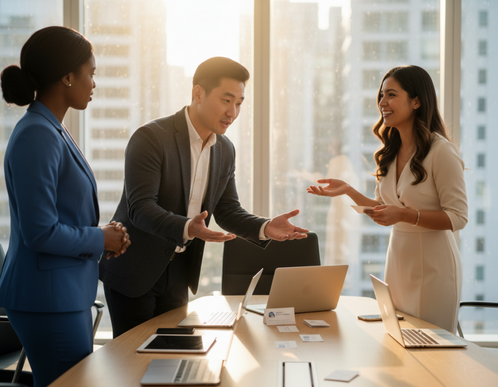 A professional networking scene set in a modern office environment. In the foreground, a diverse group of three individuals in business attire are engaged in a conversation, one actively listening while the others gesticulate expressively, portraying the dynamics of making requests and introductions. The middle ground features a sleek conference table with laptops and business cards scattered around, enhancing the focus on networking. In the background, large windows let in natural light, creating a warm and inviting atmosphere. Soft, diffused lighting highlights their expressions, emphasizing the importance of genuine connection and value in networking. The angle captures both the intimacy of the interaction and the professionalism of the setting, creating an inspiring and motivating mood.