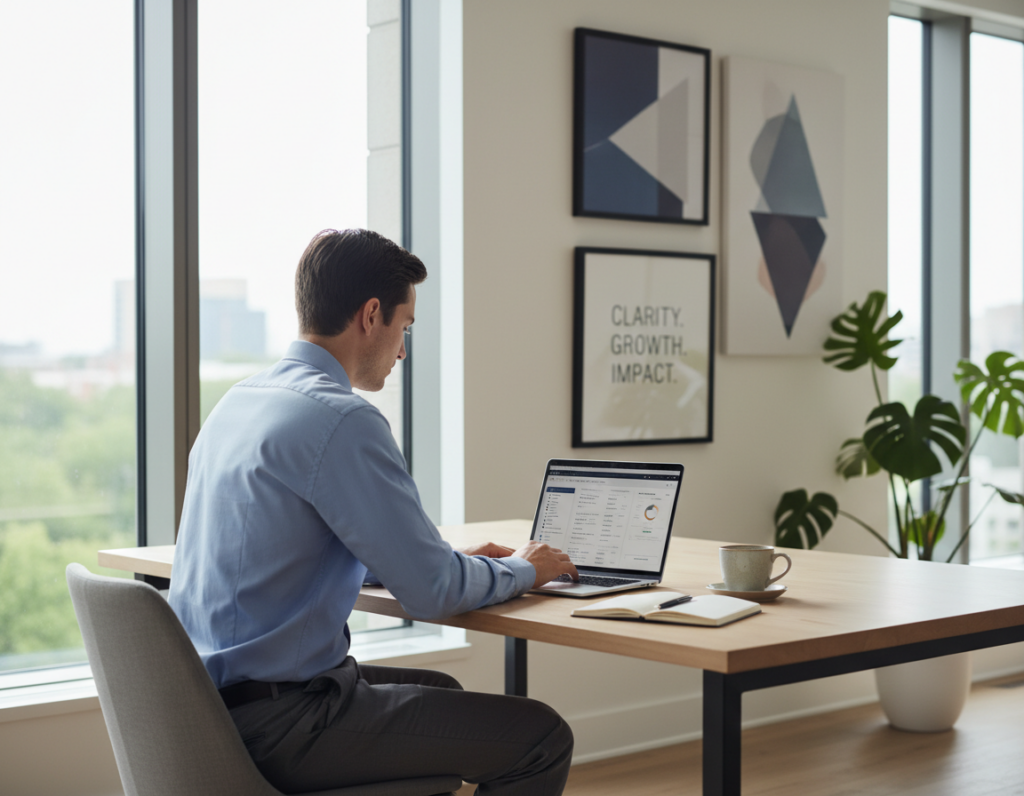 A serene and modern office environment during peak focus hours, showcasing an individual intently working at a sleek wooden desk. In the foreground, the person is dressed in smart casual attire, surrounded by organized stationery and a laptop displaying a focused dashboard. The middle layer features a large window with soft, natural light streaming in, creating a warm and inviting atmosphere. In the background, abstract concept artwork and motivational quotes subtly enhance the workspace. A potted plant adds a touch of nature, symbolizing growth and clarity. The mood is calm yet productive, emphasizing concentration and efficiency, with a slight bokeh effect on the surroundings, drawing attention to the individual’s focus on their tasks. The angle is slightly low, providing a sense of depth and highlighting the essence of peak productivity.