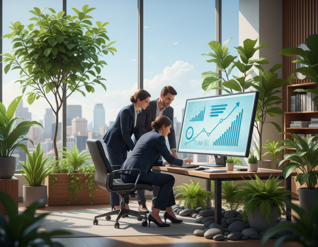 A serene and modern office environment representing an organic content strategy. In the foreground, a diverse group of three professionals, two women and one man, clad in business attire, engaged in a collaborative discussion while analyzing a large digital screen displaying charts and graphs symbolizing steady growth and audience engagement. The middle ground features elegant plants and subtle decor elements that evoke a fresh, evergreen feel. In the background, a large window reveals a vibrant cityscape with clear blue skies, symbolizing potential and progress. Warm, natural lighting filters through the space, casting soft shadows and enhancing the atmosphere of positivity and productivity, inviting the viewer into a world of sustainable growth and authority building.