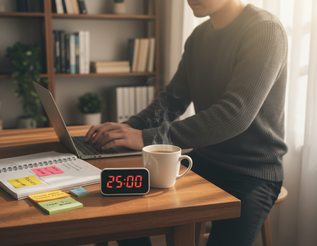 A serene and productive workspace scene illustrating the Pomodoro Technique. In the foreground, a stylish wooden desk with a digital timer set to 25 minutes, next to a steaming cup of coffee. To the left, an open notebook with neatly written notes and colorful sticky notes, displaying effective time management strategies. In the middle ground, a focused professional wearing smart casual clothing, working intently on a laptop, embodying concentration and commitment. Behind them, a soft-focus bookshelf filled with inspiring books, with warm, natural lighting streaming through a nearby window, creating an inviting atmosphere. The overall mood conveys productivity and calm, emphasizing the importance of focused sprints and restorative breaks.