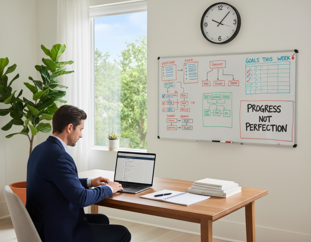 A serene and well-organized home office environment that reflects the habits of highly productive people. In the foreground, a focused individual in business casual attire works diligently at a clean desk, surrounded by productivity tools like planners and a laptop. The middle layer features a whiteboard filled with colorful task lists and motivational quotes, symbolizing planning and execution. In the background, a large window offers natural light that floods the room, creating an uplifting atmosphere. Include subtle yet inspiring elements like plants for a touch of greenery and a clock to signify time management. The overall mood is one of determination and efficiency, encapsulating the essence of consistent high performance and the prevention of procrastination.