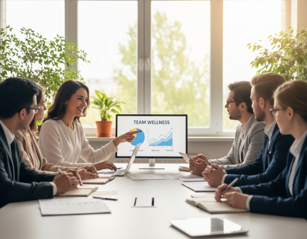 A serene office environment showcasing a diverse team of professionals in business attire, engaged in a collaborative discussion around a large conference table. In the foreground, a cheerful woman points to a colorful graph on a digital screen that represents team health metrics. The middle ground features supportive colleagues exchanging ideas, with notes and devices scattered around, symbolizing productive dialogue. The background displays large windows with natural light streaming in, illuminating greenery outside, creating a refreshing atmosphere. The mood is upbeat and focused, illustrating an ideal workspace that fosters continuous improvement and well-being without burnout. Capture this scene with soft, balanced lighting from the windows, and a slight depth of field to emphasize the teamwork at hand.
