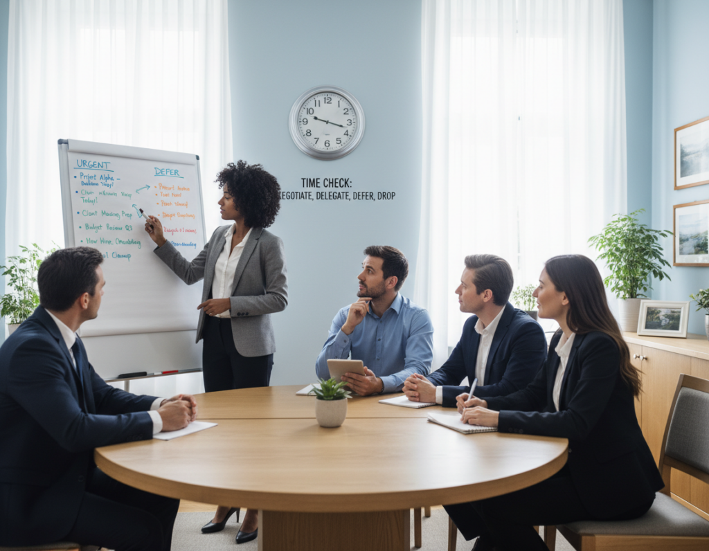 A serene office environment showcasing a round table in the foreground, where a diverse group of professionals in business attire engage in a discussion about task prioritization. One individual enthusiastically illustrates points on a whiteboard packed with color-coded task lists. In the middle ground, a wall clock indicates the passage of time, emphasizing the need for realistic renegotiation, delegation, deferring, or dropping tasks. The background features a window allowing soft natural light to filter in, creating a warm and inviting atmosphere. The color palette includes cool blues and warm earth tones to convey focus and professionalism. The scene captures the essence of collaboration and decision-making, highlighting priorities in a dynamic, yet calm environment, with a focus on clarity and teamwork.