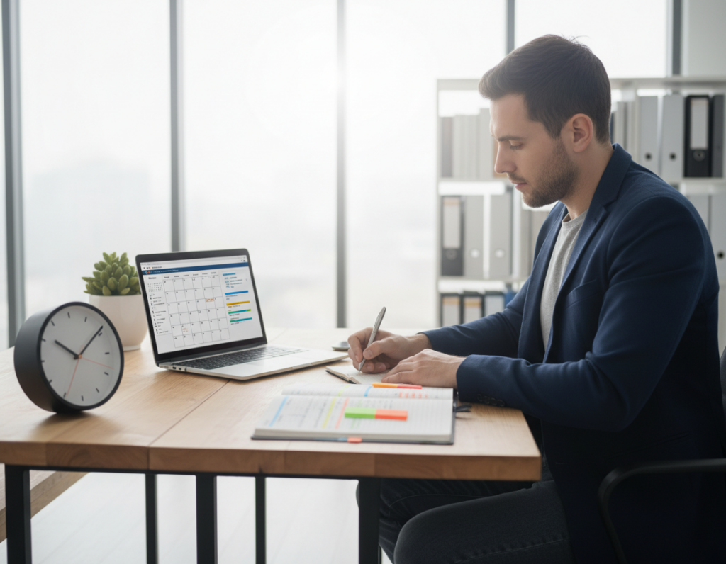 A serene office environment showcasing the theme of time management. In the foreground, a neatly organized desk holds a stylish clock, a planner filled with color-coded tasks, and a laptop displaying productivity software. A focused professional, dressed in smart casual attire, is engaged in deep concentration, writing notes. In the middle ground, a large window lets in soft natural light, illuminating the space and creating a calm atmosphere. On the desk's surface, subtle greenery in the form of a small plant symbolizes growth and balance. In the background, blurred outlines of bookshelves filled with resources about productivity techniques. The mood is diligent and serene, inviting viewers to reflect on effective strategies to protect attention during work hours.