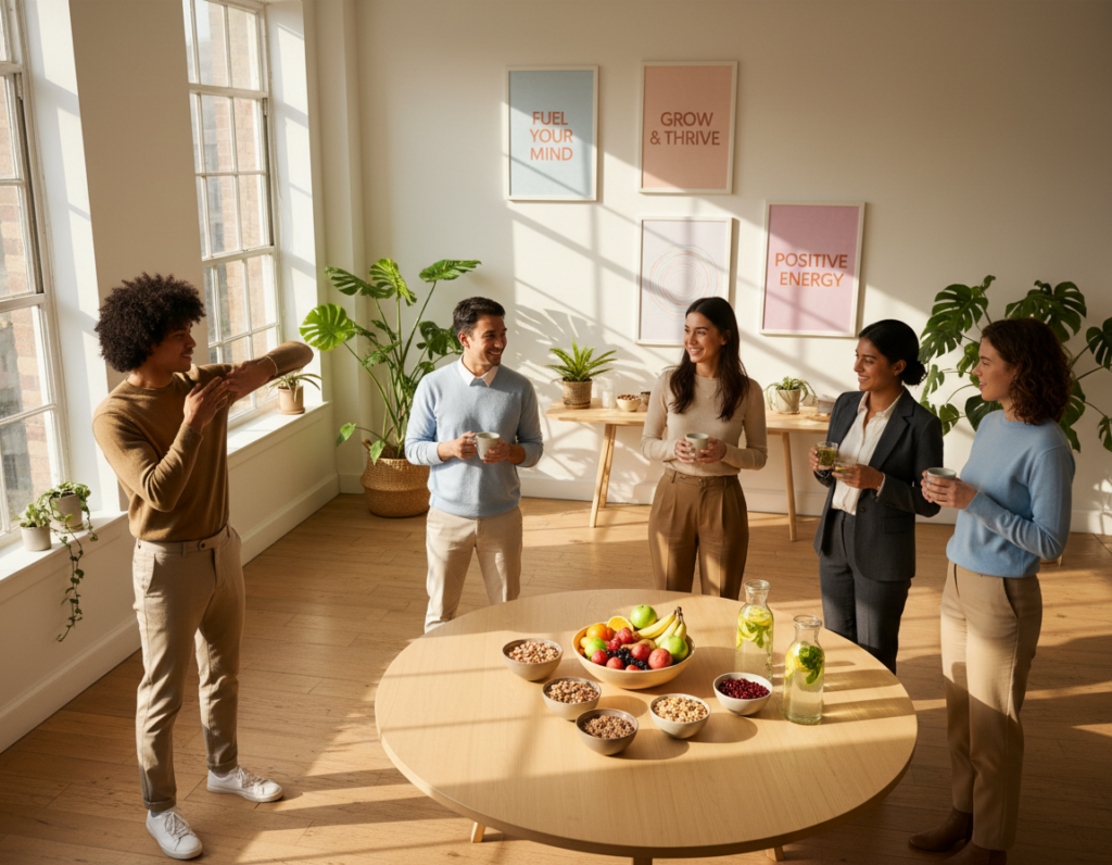 A serene office space bathed in warm, natural light filtering through large windows, showcasing a bright and inviting atmosphere. In the foreground, a diverse group of professionals in smart casual attire are engaging in a refreshing break, some stretching, others sipping herbal tea. In the middle ground, a round table is adorned with healthy snacks like fruits and nuts, promoting energy and wellness. The background features motivational posters on the walls and plants adding a touch of nature. The camera angle is slightly elevated, capturing the warmth and camaraderie of the scene, evoking a sense of tranquility and rejuvenation. The overall mood is uplifting, emphasizing productivity through healthy breaks and energy management.