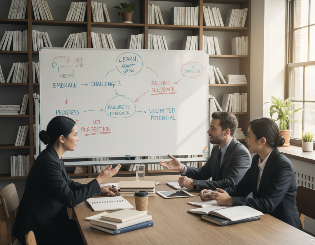 A vibrant and inspiring scene depicting the concept of "growth mindset" in a professional setting. In the foreground, a diverse group of three individuals (two men and one woman) are engaged in a collaborative discussion, dressed in smart business attire, surrounded by a table with books and open notebooks. In the middle ground, a large whiteboard filled with diagrams and motivational quotes about perseverance and learning, symbolizing growth and success. In the background, shelves lined with books on psychology and achievement, bathed in warm, natural lighting from a large window, creating an inviting atmosphere. The overall mood is optimistic and dynamic, emphasizing the importance of mindset in achieving long-term success. The camera angle is slightly elevated to capture the interactions and details of the setting.