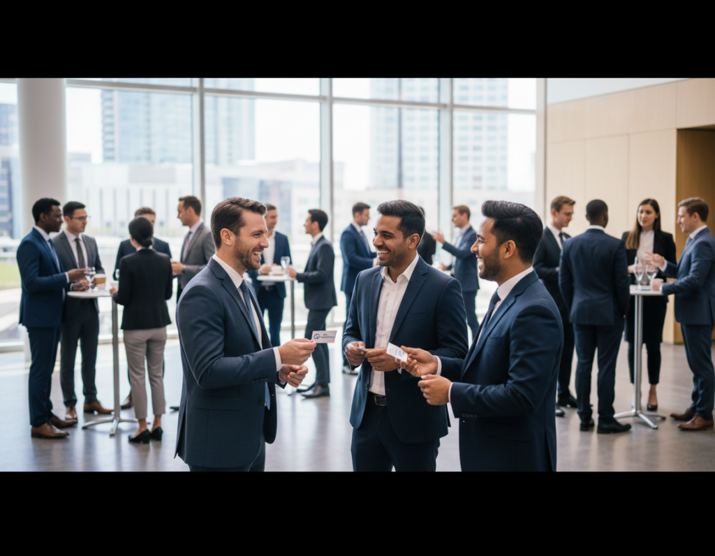 A vibrant networking event set in a modern conference hall, showcasing a diverse group of professionals engaged in conversations. In the foreground, a few individuals dressed in smart business attire—suits and tailored dresses—laughing and exchanging business cards, embodying connection and collaboration. The middle ground features clusters of attendees standing around high tables, sharing ideas and building alliances. In the background, large windows allow warm natural light to fill the space, enhancing the atmosphere of openness and engagement. The overall mood is dynamic and energetic, marked by a sense of opportunity and professionalism. The setting emphasizes a productive networking environment, suitable for fostering long-term relationships. A wide-angle lens captures the hustle and bustle, creating an inviting and inclusive scene.