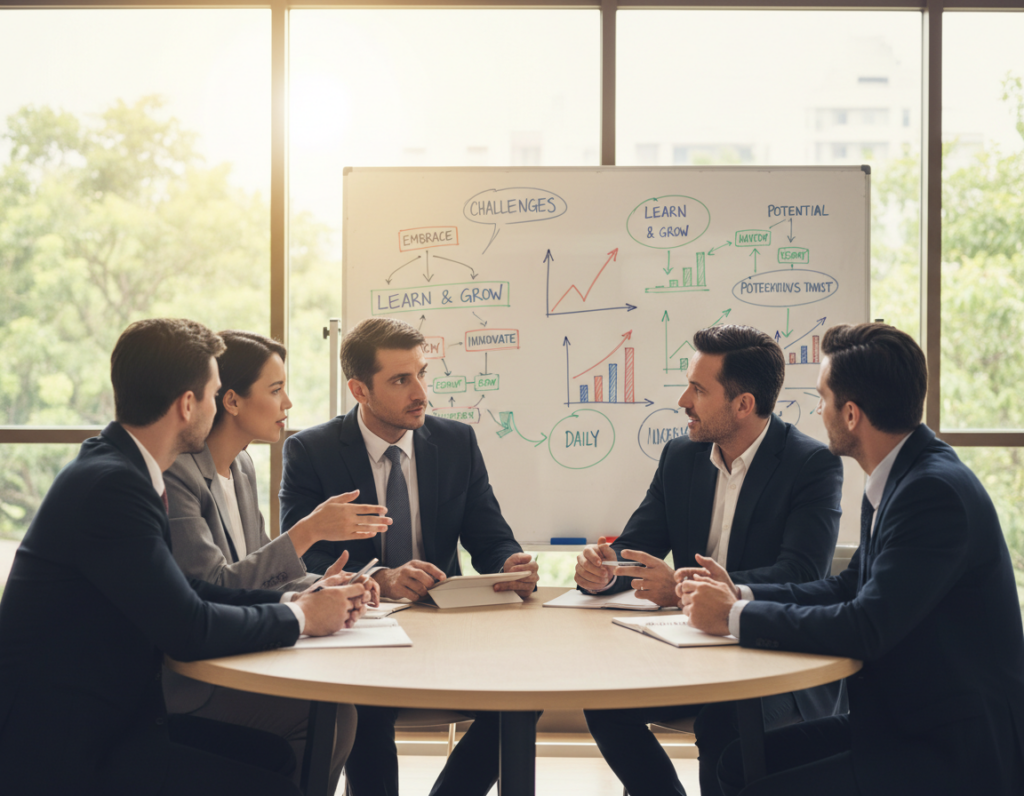 A vibrant office scene illustrating the concept of a growth mindset. In the foreground, a diverse group of professionals in smart business attire collaborates around a table, engaged in dynamic discussion, with expressions of curiosity and determination. In the middle ground, a large whiteboard filled with colorful charts, diagrams, and motivational phrases represents ideas and plans for continuous improvement and innovation. The background features large windows letting in warm, natural light that creates an inviting atmosphere, with greenery visible outside, symbolizing growth. The angle captures the energy of teamwork and the thriving environment, highlighting the journey of personal and professional development in a motivating and uplifting mood.