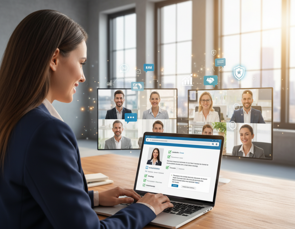 A vibrant professional networking scene depicting a diverse group of individuals engaging in a dynamic online meeting. In the foreground, a confident businesswoman in professional attire interacts with her laptop, displaying a LinkedIn profile filled with endorsements and recommendations. In the middle ground, a mix of professionals showcase expressions of collaboration, sharing ideas in a virtual environment enriched with digital icons representing connection and credibility. The background features a modern office setting with a large window, allowing natural light to flood in, creating an uplifting atmosphere. The lens captures the scene from a slightly elevated angle, enhancing the sense of engagement and opportunity. The overall mood should convey professionalism, collaboration, and the value of building a strong online presence.