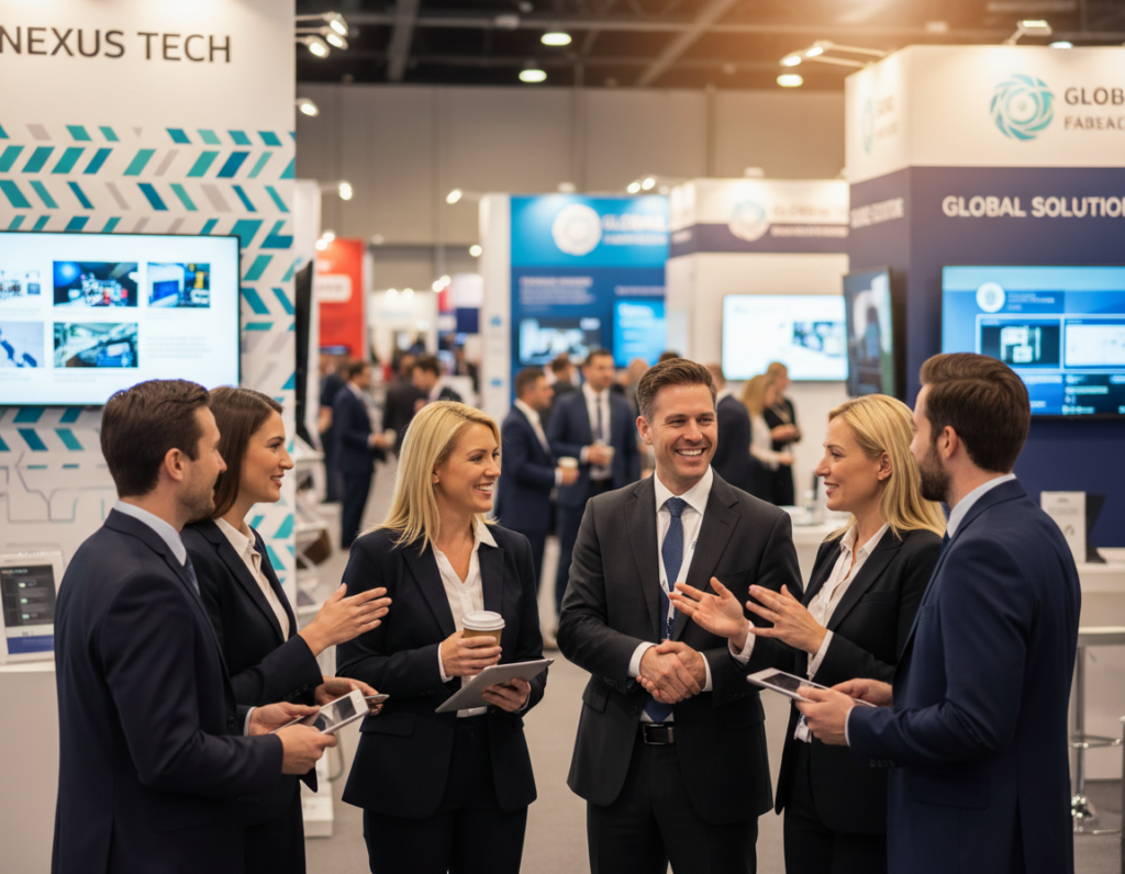 A vibrant trade show scene bustling with professionals engaged in networking. In the foreground, a diverse group of individuals dressed in smart business attire are exchanging introductions with friendly smiles, some shaking hands while others appear engaged in animated conversations. In the middle ground, booths are adorned with colorful banners and displays showcasing innovative products, with a few attendees looking on curiously. In the background, ambient lighting creates a warm, inviting atmosphere with soft highlights illuminating faces, enhancing the sense of connection and professionalism. Capture this dynamic moment from a slightly elevated angle, emphasizing the interaction and engagement amongst attendees, conveying an atmosphere of collaboration and opportunity.