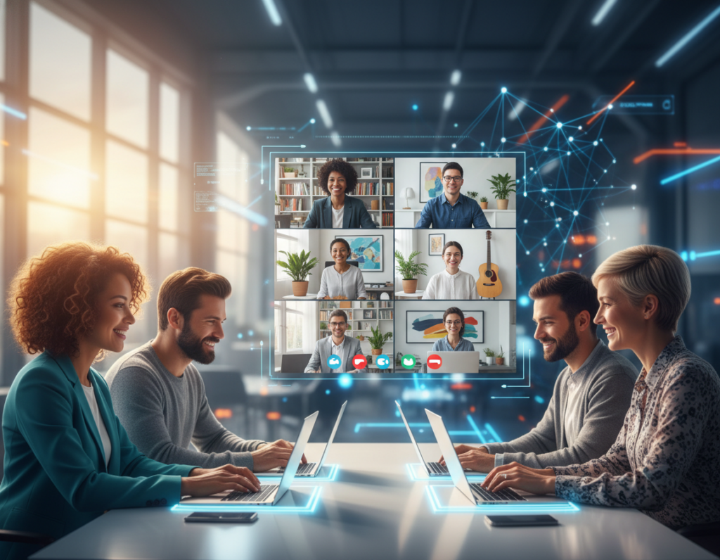 A vibrant virtual networking scene featuring a diverse group of professionals engaged in an online meeting. In the foreground, three individuals wearing smart casual attire are focused on their laptops, their faces illuminated by the glow of their screens. In the middle, a large video call display shows multiple participants, each in their home offices, showcasing unique backgrounds that reflect their personalities. The background depicts subtle elements of a tech-savvy environment, such as digital data streams and abstract connection lines, creating a sense of interconnectedness. Soft, warm lighting enhances the inviting atmosphere, while a slight blur effect on the background suggests depth. The overall mood is collaborative and optimistic, capturing the essence of overcoming challenges through virtual connections.