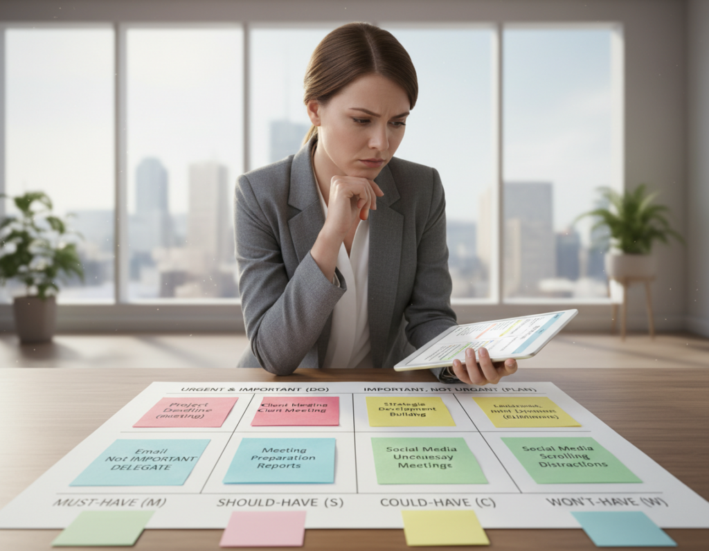 A visually engaging representation of the Eisenhower Matrix and MoSCoW prioritization for productivity. In the foreground, a neatly organized desk with colorful sticky notes arranged in a grid, each representing different tasks categorized by urgency and importance. In the middle, a professional woman in business attire is analyzing the matrix, deep in thought, with a digital tablet showing her task list. The background features an office environment with large windows letting in soft, natural light, casting gentle shadows. The overall mood is focused and productive, emphasizing clarity and strategic planning. The scene should be dynamic yet peaceful, highlighting the importance of managing priorities effectively.