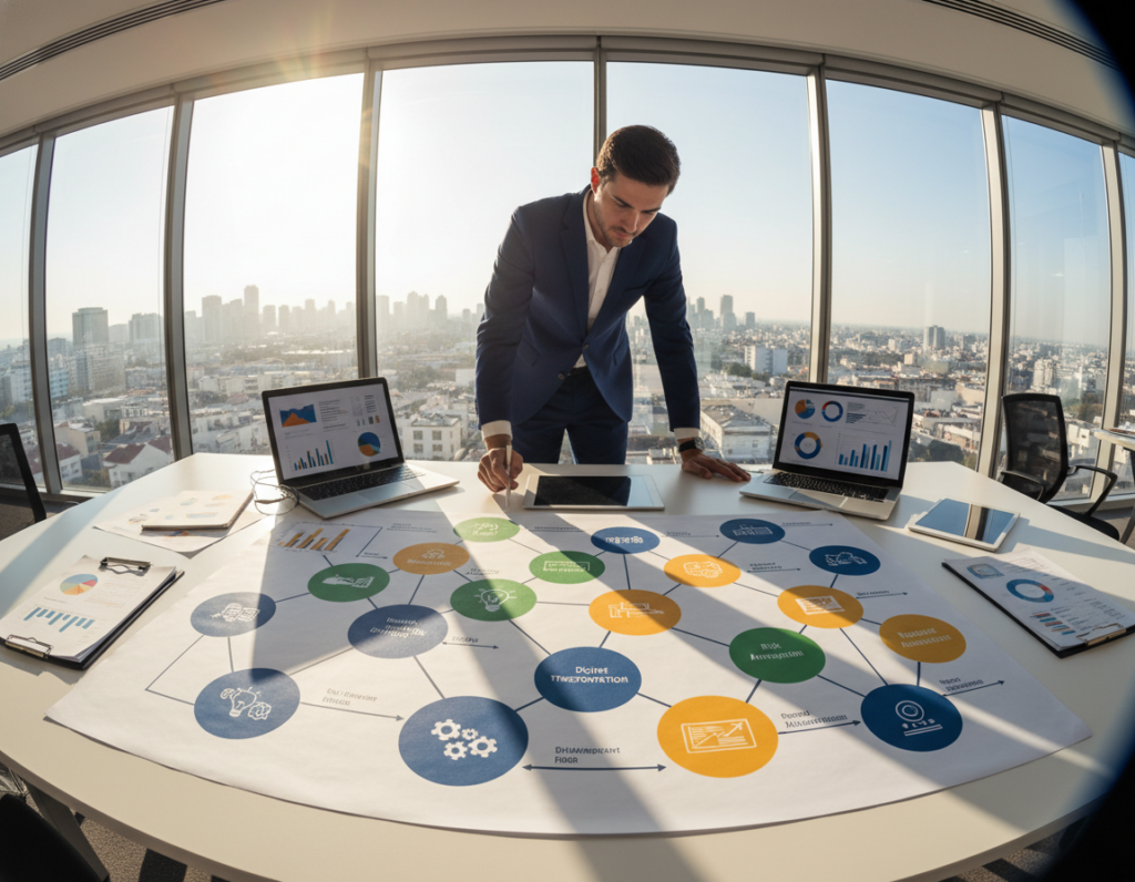 A visually engaging strategy framework displayed on a sleek, modern office desk. In the foreground, a large, organized mind map depicts various strategic planning concepts, illustrated with vibrant colors and icons. In the middle ground, a professional businessperson in formal attire is attentively analyzing the framework, surrounded by charts and digital devices, indicating active engagement in strategic thinking. The background reveals a panoramic office view, showcasing a sunny skyline through large windows, creating a bright and optimistic atmosphere. The lighting is warm and inviting, with natural sunlight accentuating the workspace. A fisheye lens effect subtly emphasizes the interconnectedness of ideas within the framework, embodying clarity and purpose in strategic planning.