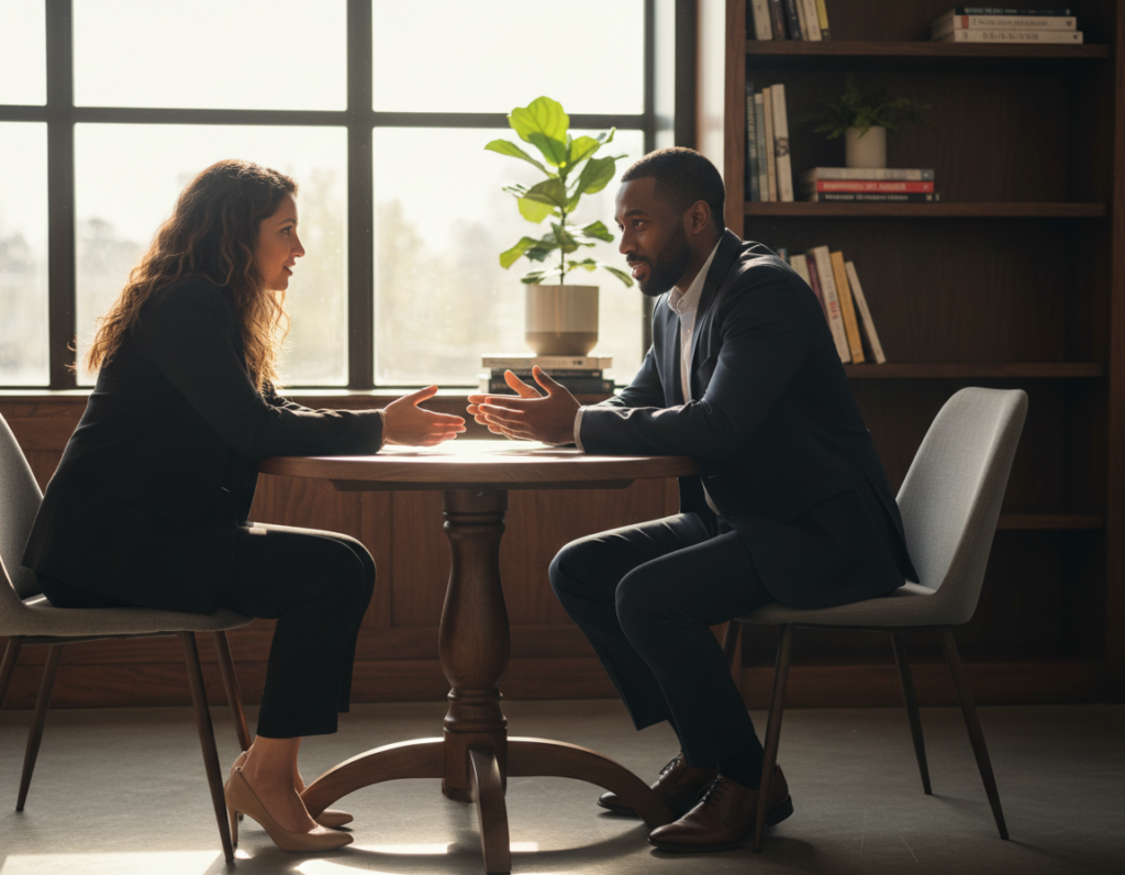 A warm, inviting office space with two professionals engaging in conversation at a round table. In the foreground, a diverse man and woman, both dressed in smart business attire, lean in with sincere expressions, actively listening and exchanging ideas. Their body language exudes openness and connection. In the middle ground, a soft-focus bookshelf filled with motivational books adds depth, while a small plant brings a touch of life. In the background, a large window allows natural light to flood the room, casting gentle shadows that enhance the atmosphere of collaboration and understanding. The overall mood is one of mutual respect and meaningful interaction, highlighting the importance of effective communication skills in building strong professional relationships.